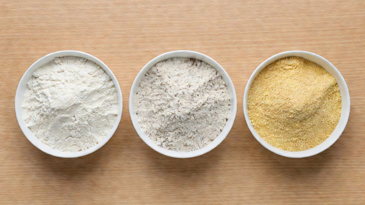 White wheat flour, speckled whole-wheat flour and yellow semolina arranged in separate shallow bowls
