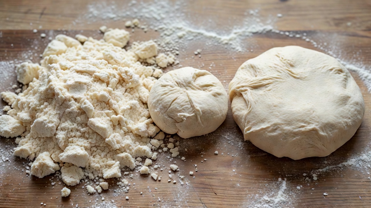 A shaggy pile of flour crumbs beside a pressed dough ball and a smoother rested dough portion