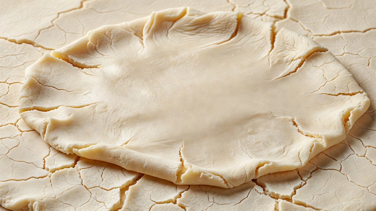 Close view of wheat noodle dough showing a smooth center and dry cracks along a folded edge