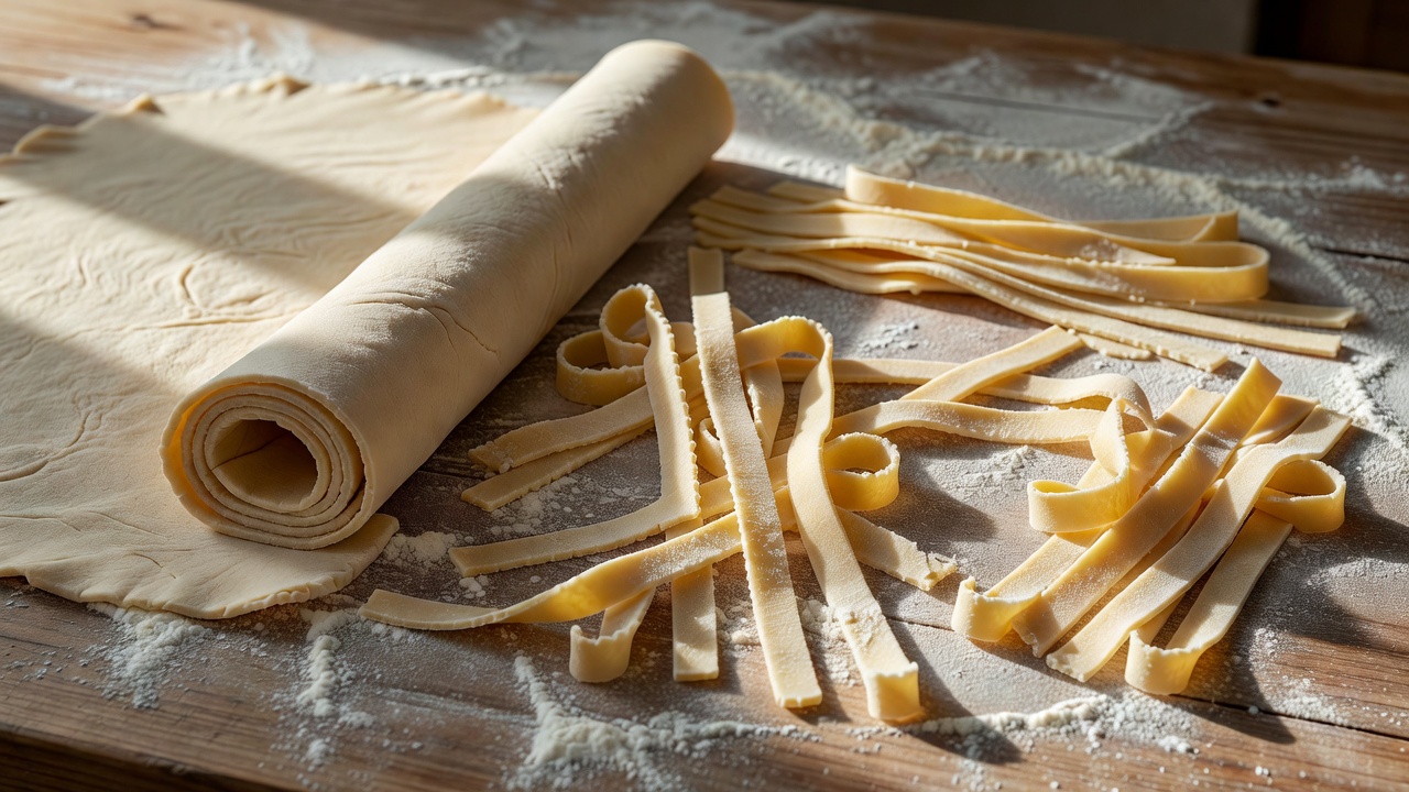 A rolled wheat dough sheet beside cut ribbons, with side light showing the thickness of their edges